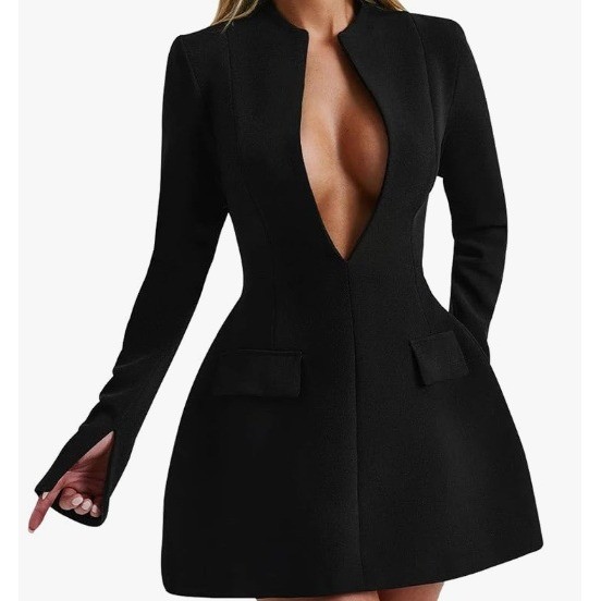 LuFeng Womens Black Deep V-Neck Blazer Dress Long Sleeve Size L NWT