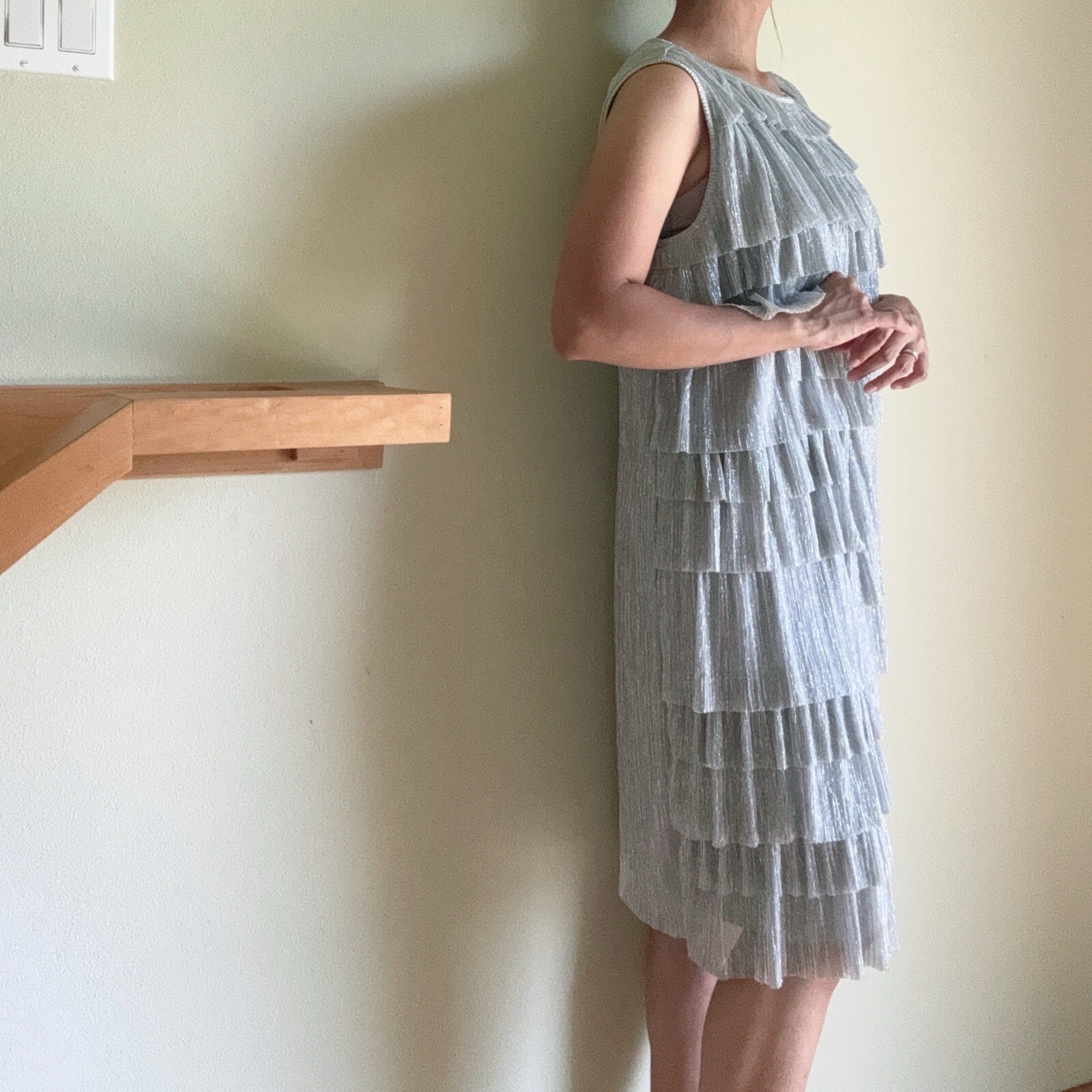 EUC SILVER METALLIC THREAD PLEATED RUFFLE DRESS SIZE 14 US 6 8 VINTAGE DESIGNER