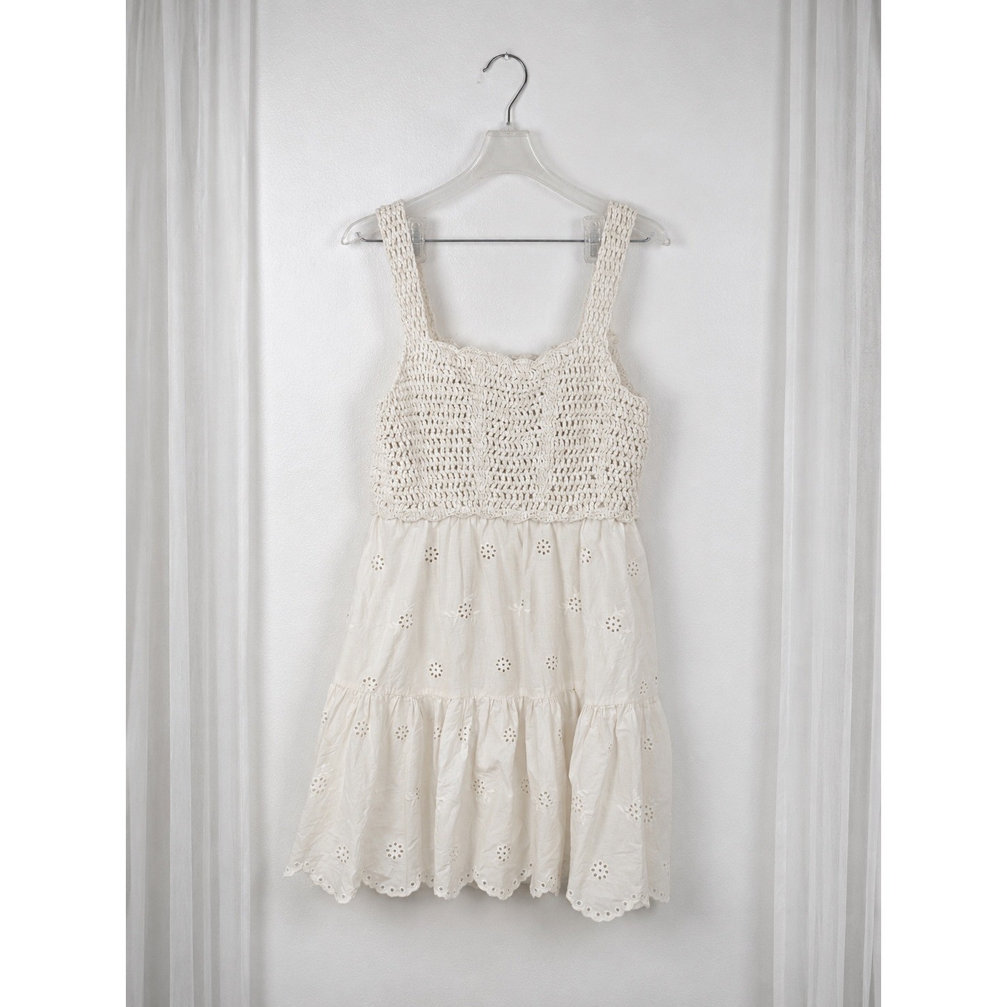 ASOS DESIGN Cream Crochet Broderie Anglaise Mini Dress Tiered Eyelet US 10