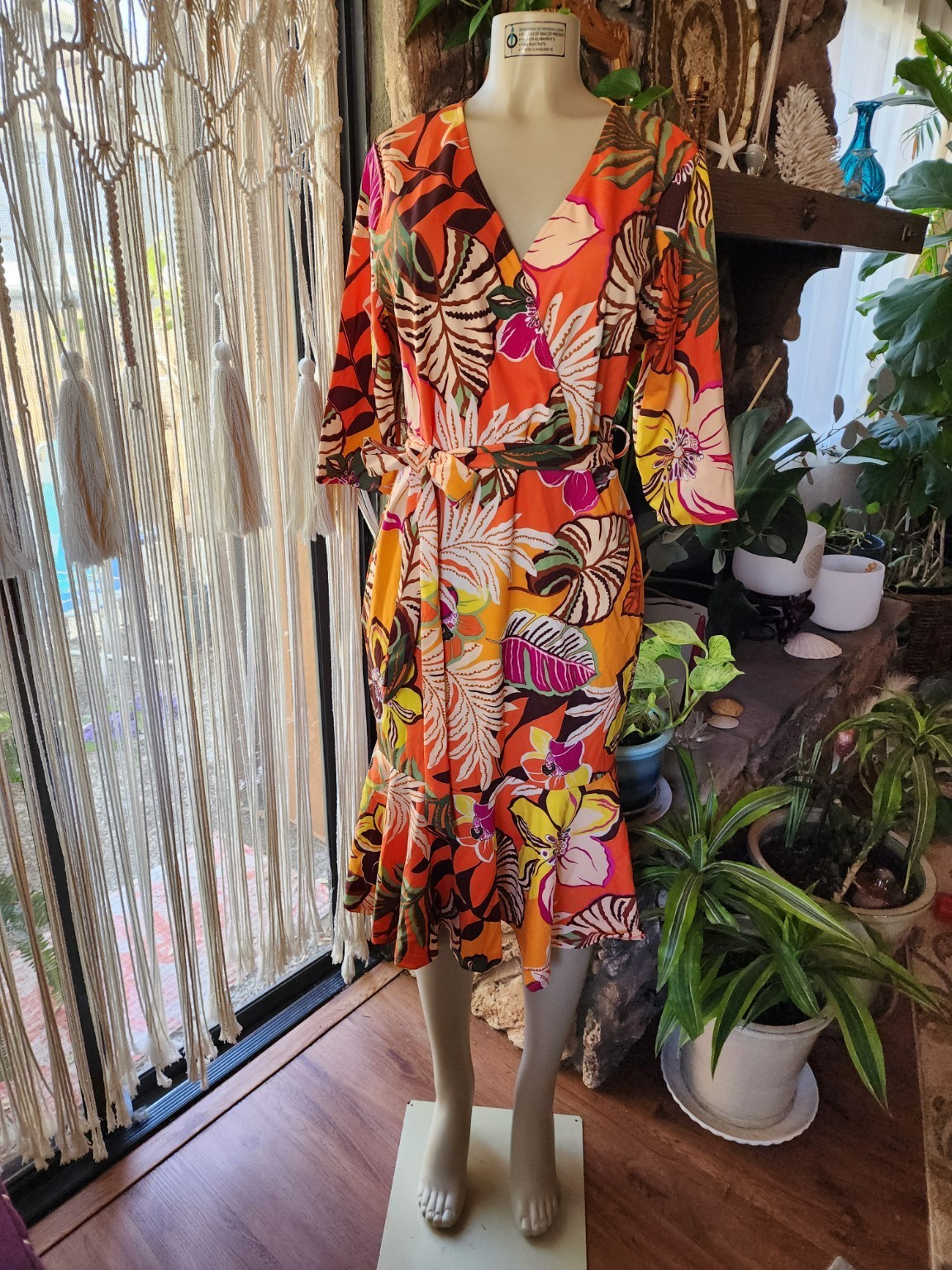 Women’s 2X Tropical Floral Wrap Dress Stretch Knit Tie Waist Wrinkle Resistant
