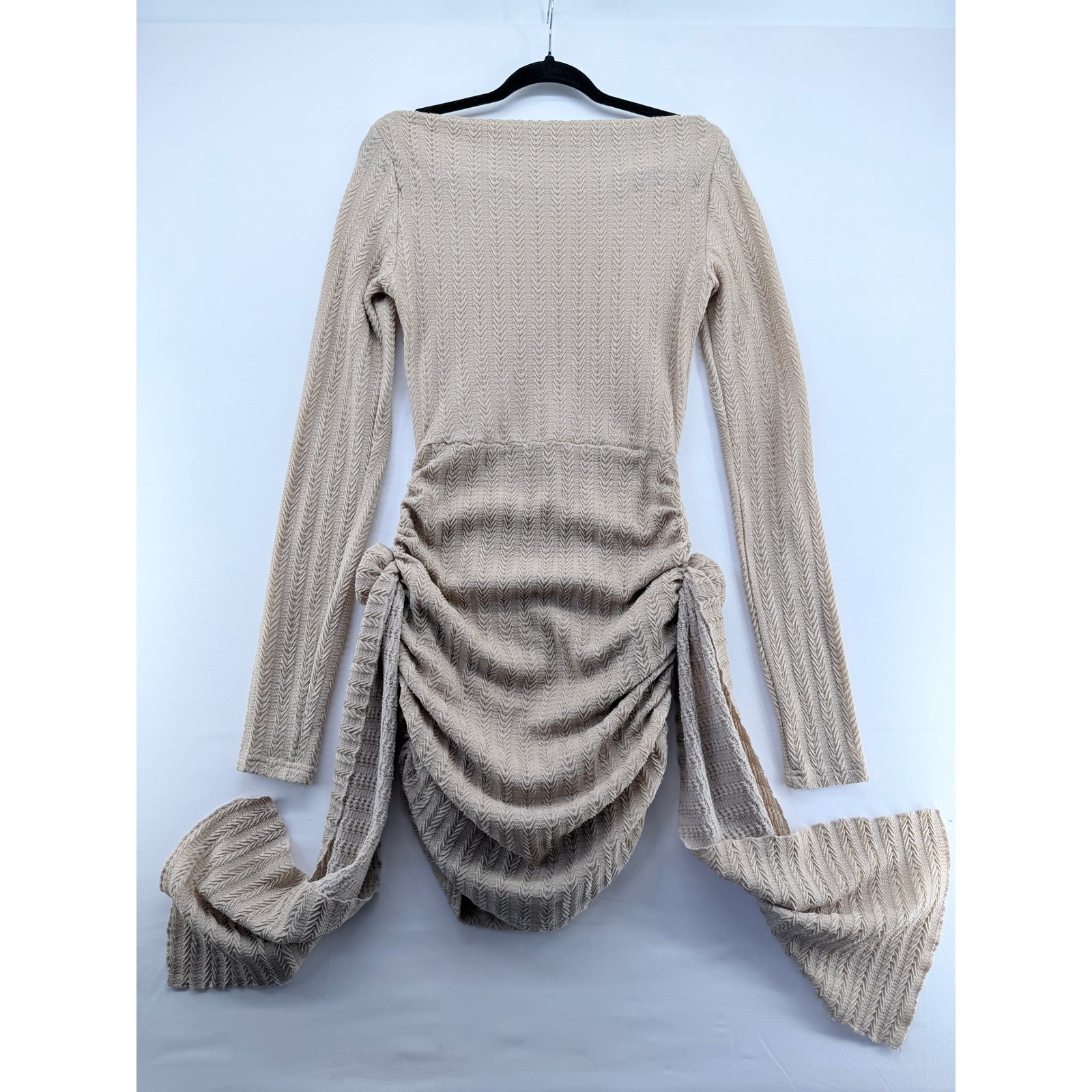Lioness Beige Ruched Rosette Long Sleeve Mini Dress Textured Knit Neutral Size M