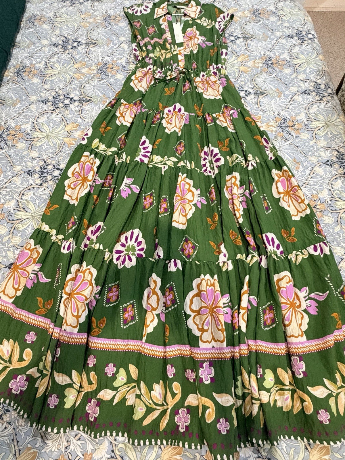 NWT Pinch Womens M Floral Tiered Maxi Dress Green Boho Resort Cottagecore
