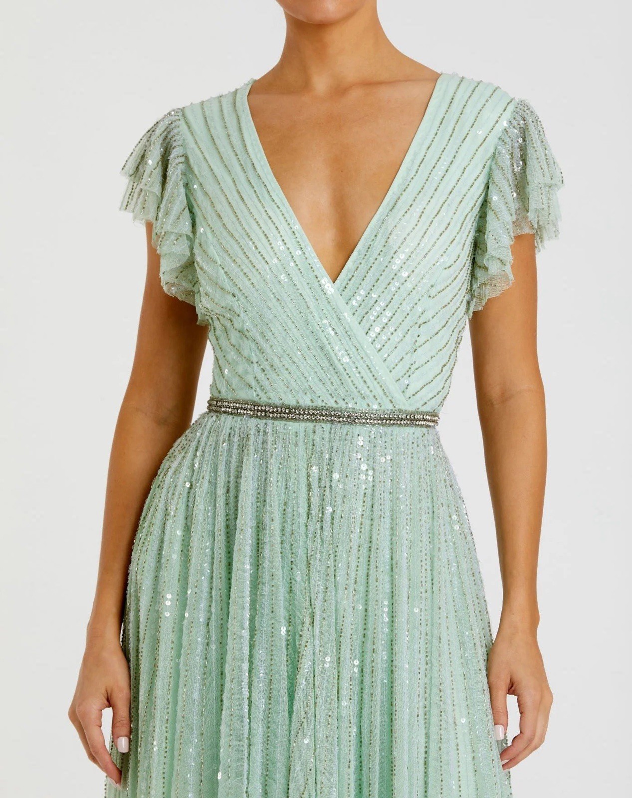 MAC DUGGAL Sequined Wrap Over Ruffled Cap Sleeve Gown 5502 Seamist Size 16 $698