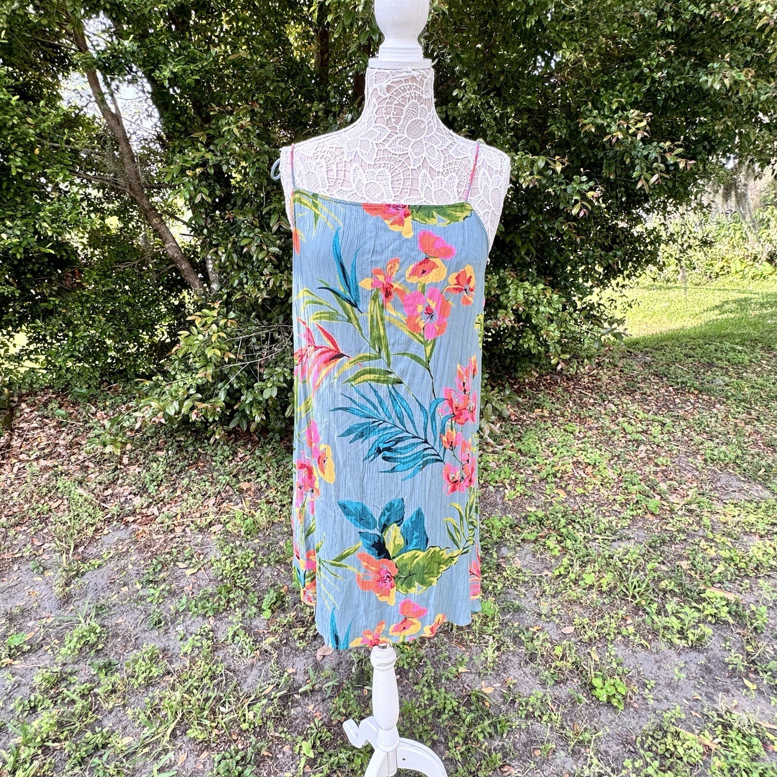 Billabong Night Twist Dress Tropical Floral Teal Surfer Girl Sundress Size L Jr