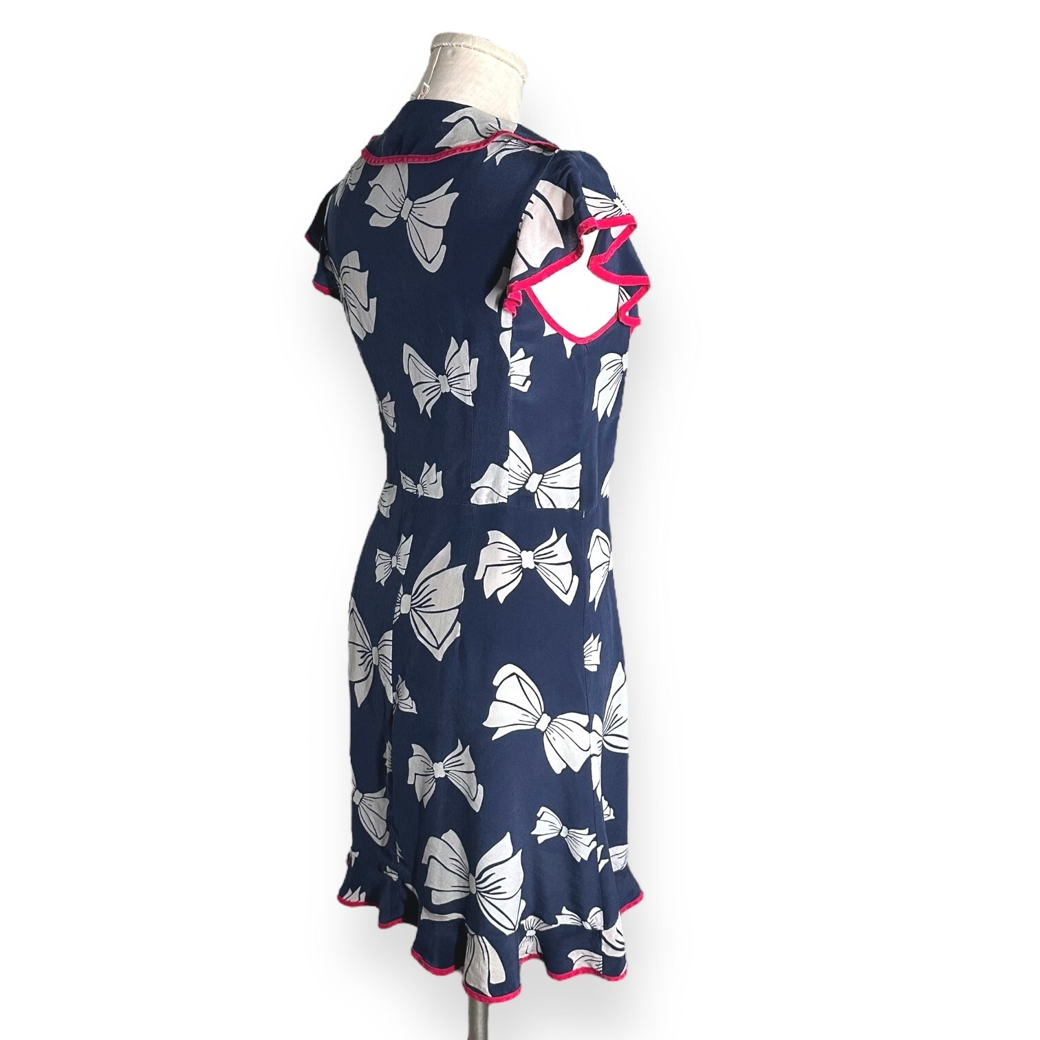 Vintage NANETTE LEPORE 100% Silk Y2K Wrap Dress Bow Print Blue Cascade Coquette