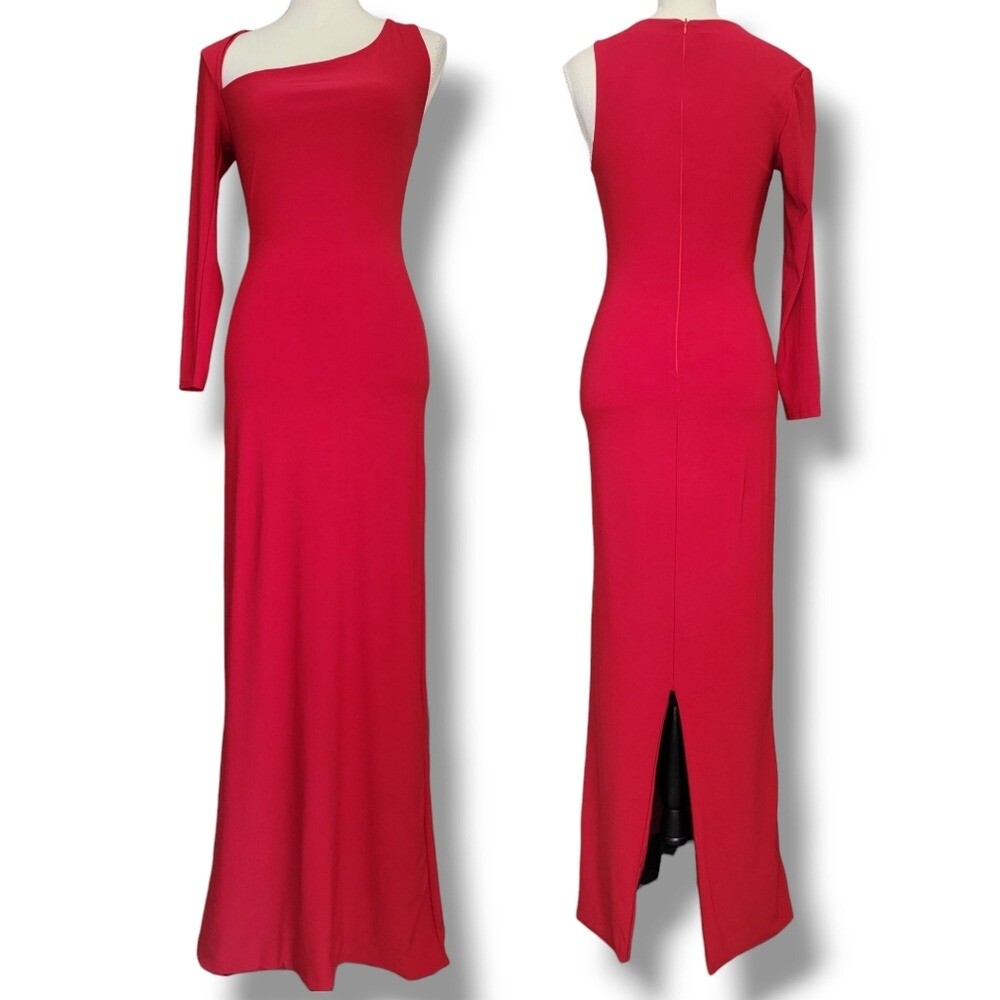 CLUB L Red Sexy Back Slit Asymmetric Neckline Fitted Stretch Knit Maxi Dress 8