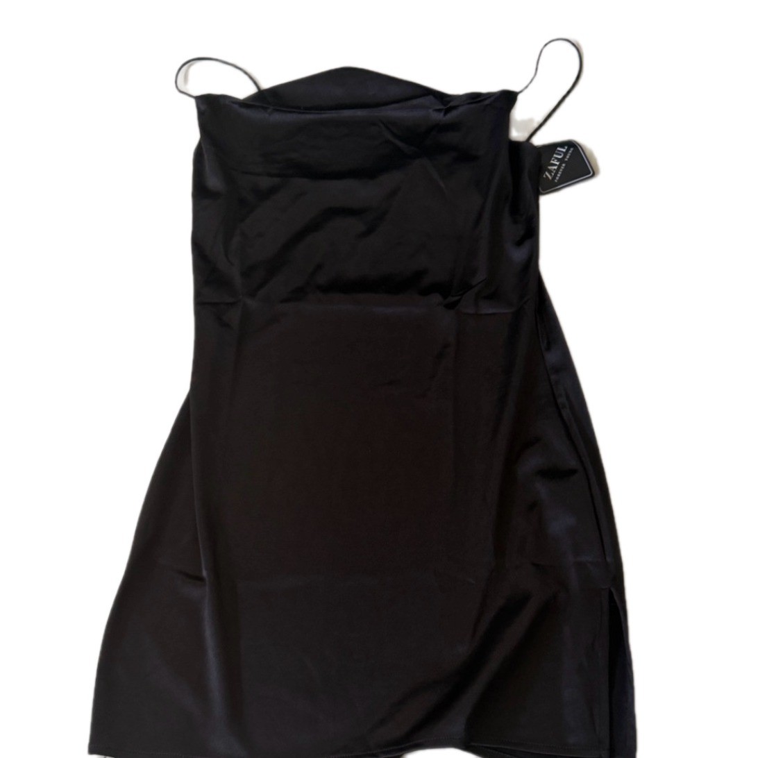 Zaful Black Satin Mini Slip Dress Cowl Neck Spaghetti Strap Side Slit NWT
