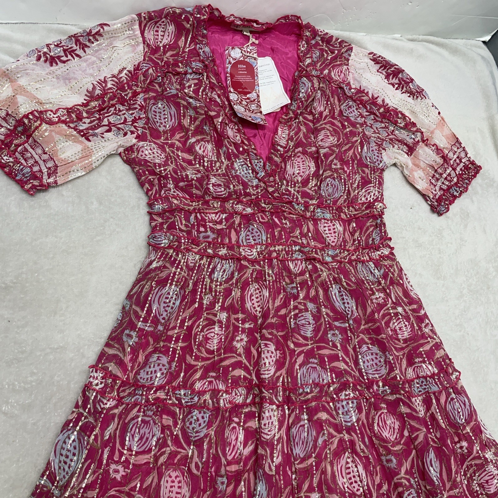 ASH & EDEN Tuckernuck Maxi Dress M Pink Gold Tiered Boho Hippie India Artsy NWT