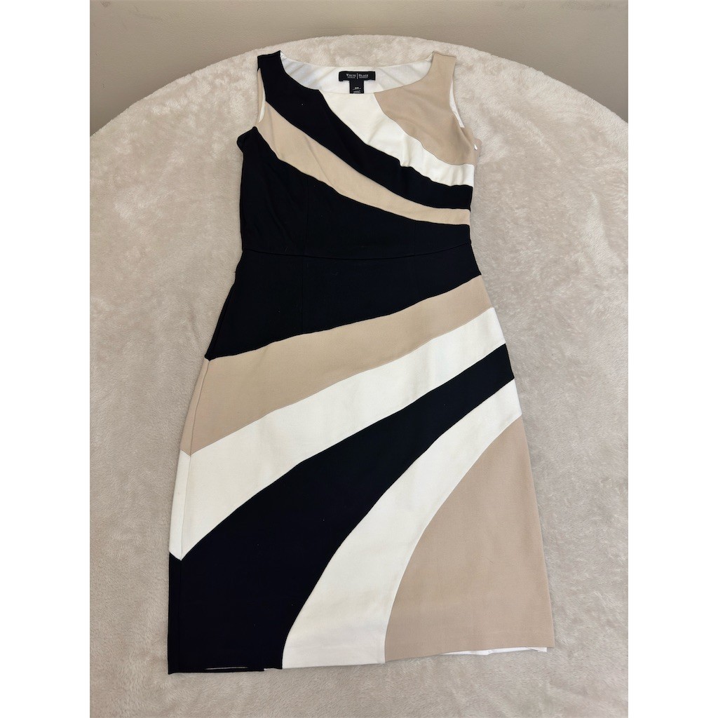 White House Black Market Dress Womens 00 Black Beige Ivory Sheath Knee