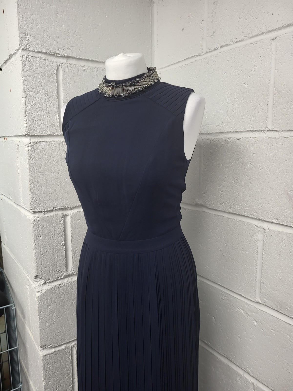 Spotlight Warehouse Navy Blue Embellished Neckline Pleated Maxi Dress Size 8. PT