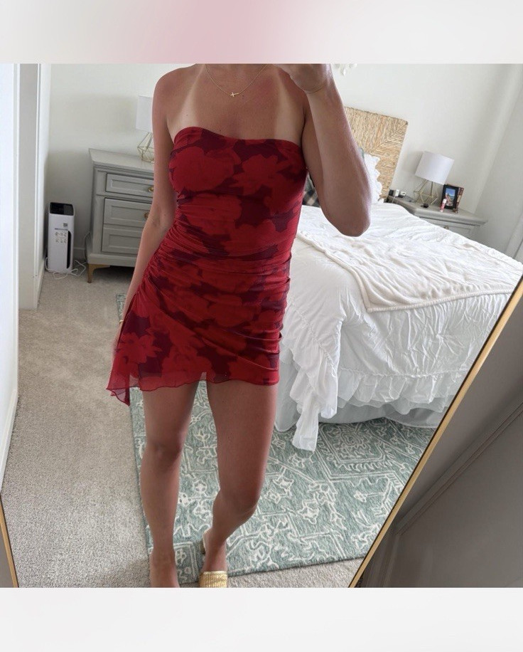 Princess Polly 4 Red Floral Mesh Ruched Sheer Strapless Bodycon Mini Dress