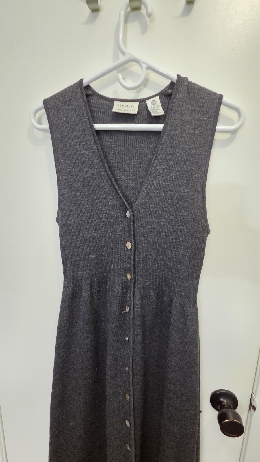 Preview Collection Dark Gray Merino Wool Sleeveless Maxi Dress M Button V-Neck