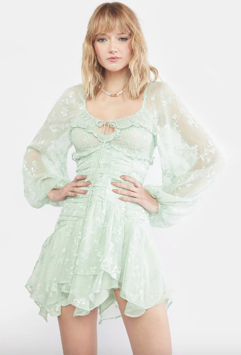 NWT For Love & Lemons Breanne Mini Dress Small Fairy Coquette Puff Sleeve Green