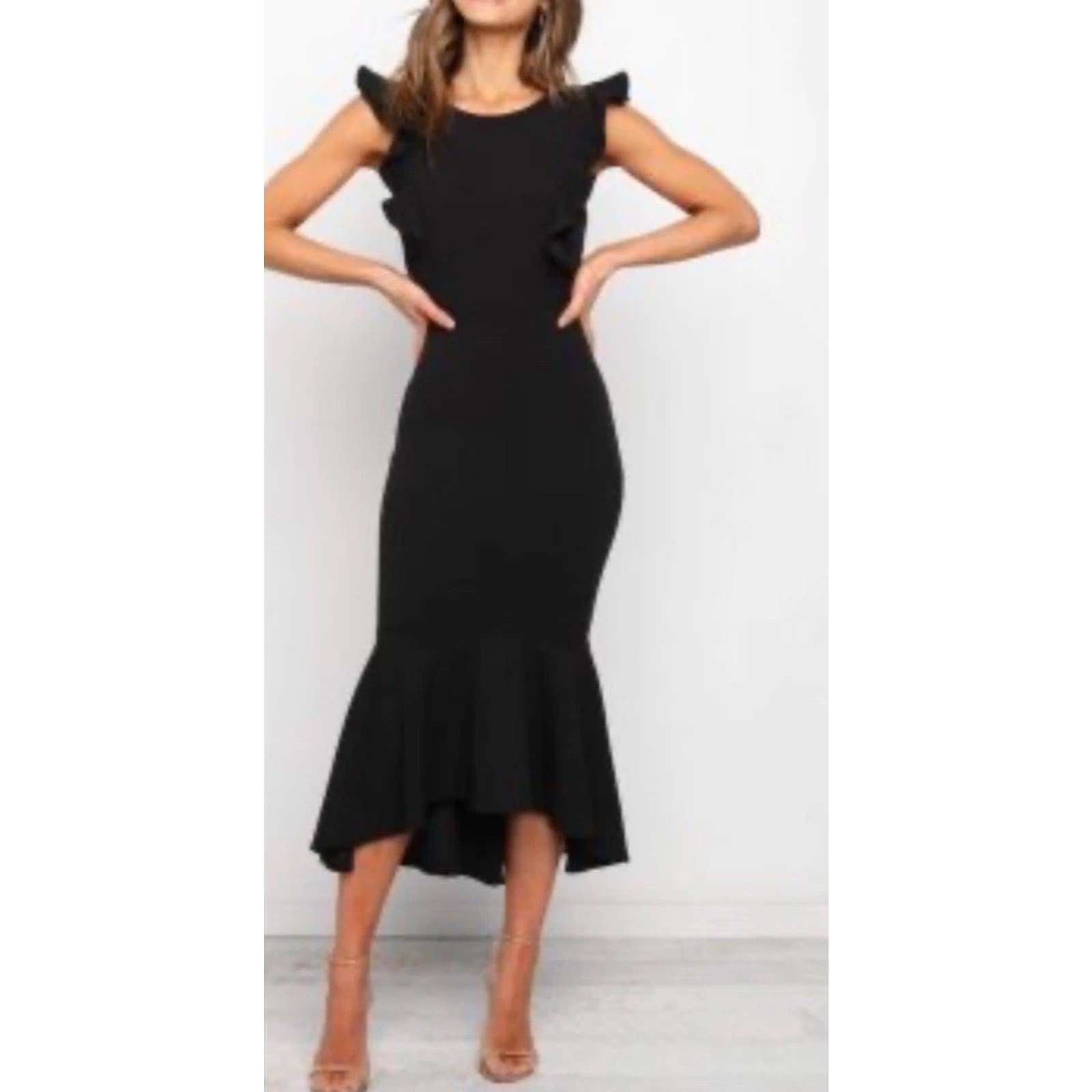 Petal and Pup Avani Black Hi Lo Midi Dress Ruffle Open Back Cutout Womens 8