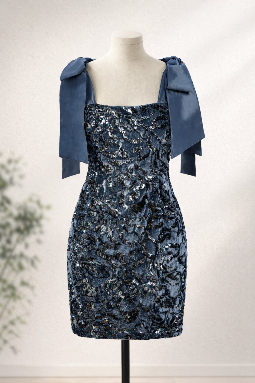 Karen Millen Blue Velvet Mini Dress Sequin Bow Shoulder Cocktail US 4 NWT