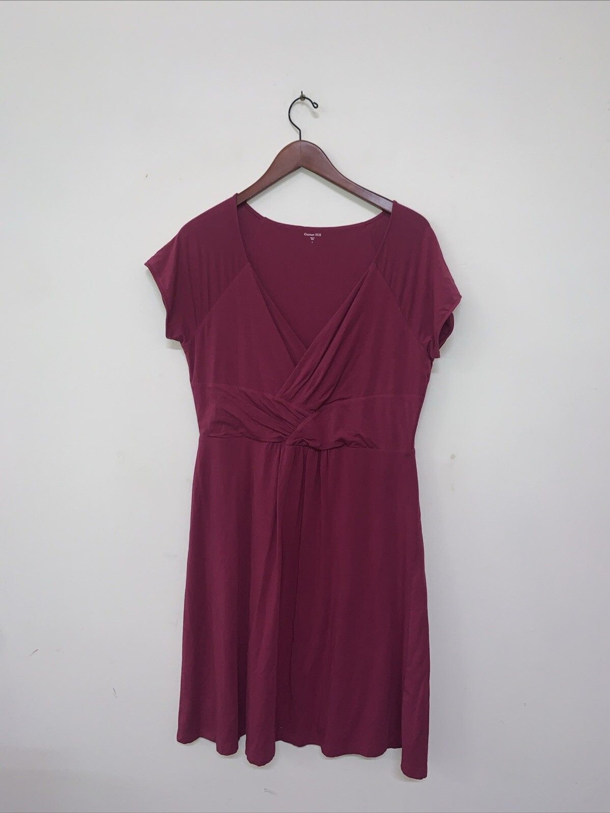 Garnet Hill Women’s Berry Raspberry Pink MIDI Faux Wrap Ruched Dress Size Large