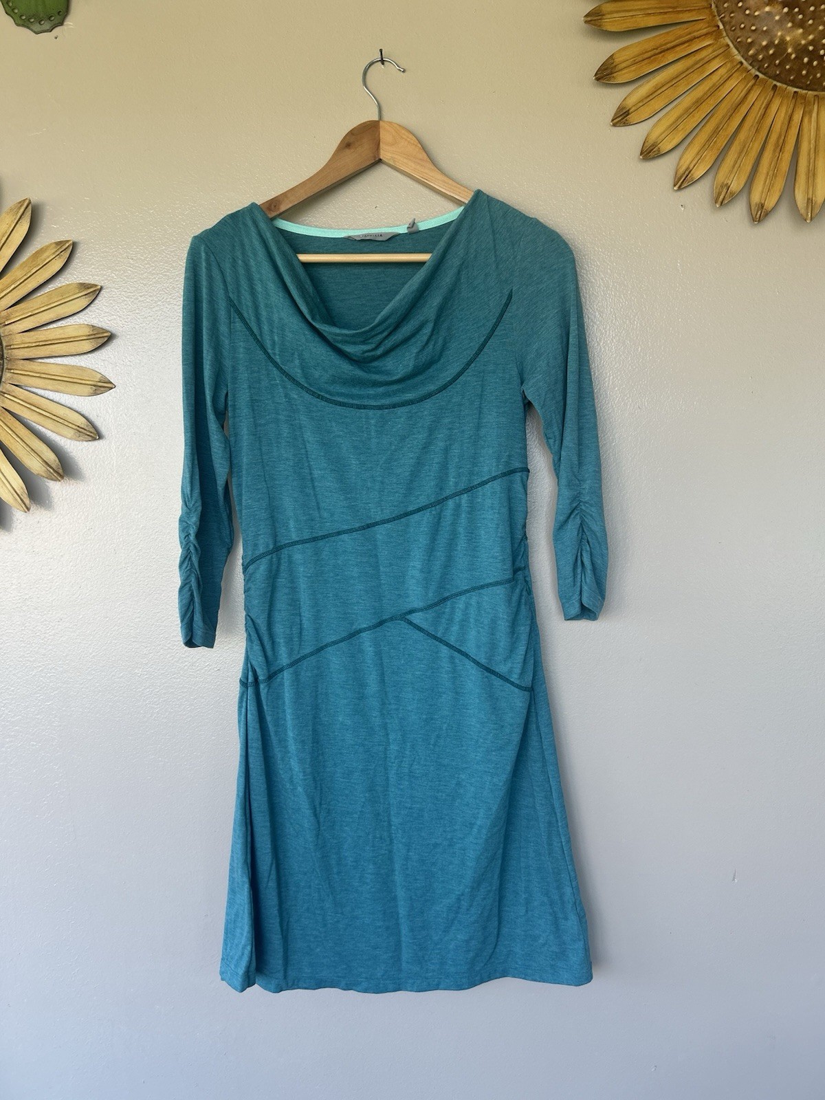 Athleta Ukiah Turquoise Blue Cowl Neck Seamed Dress Size Small