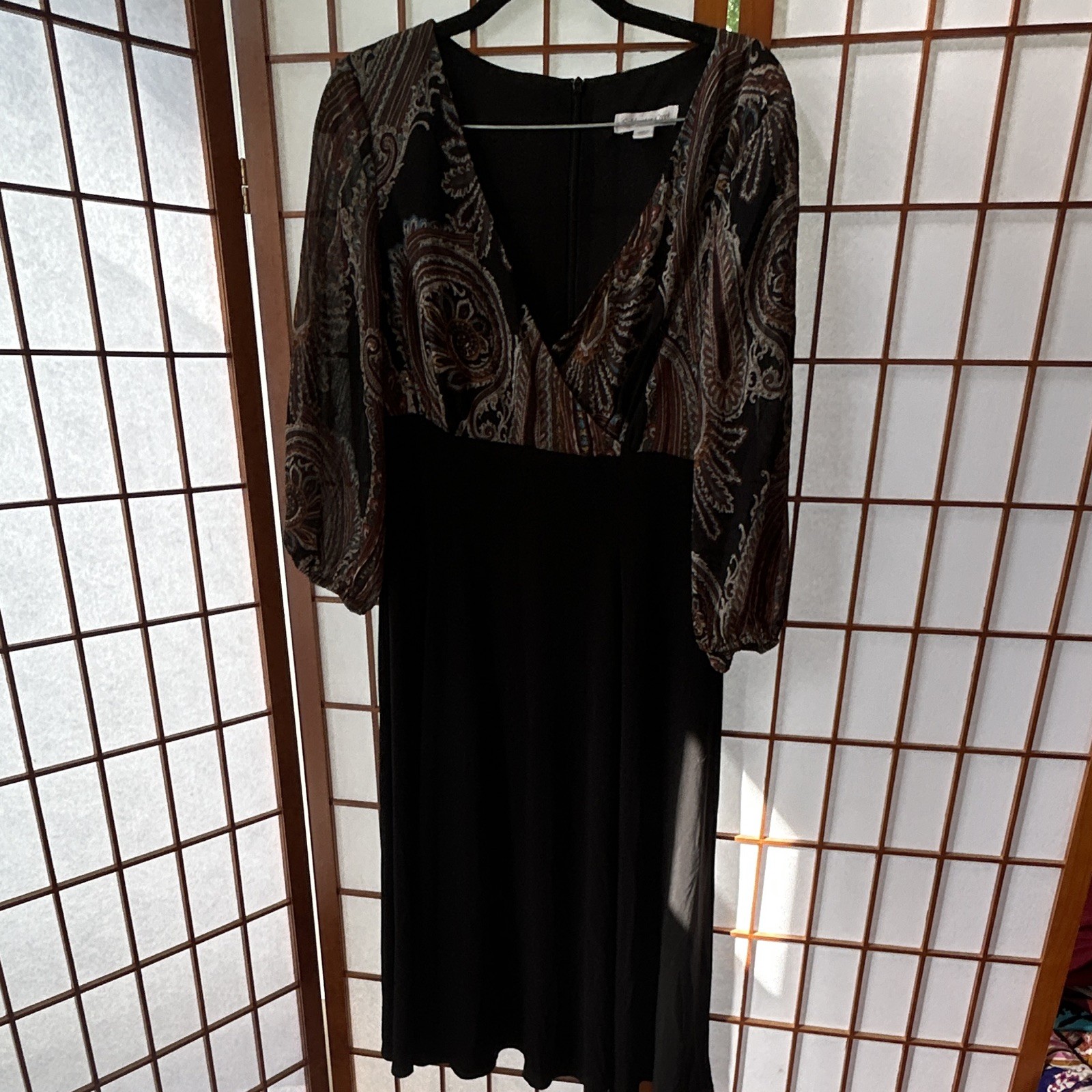Coldwater Creek Women’s Black Paisley Chiffon V-Neck Zip A-Line Midi Dress 10