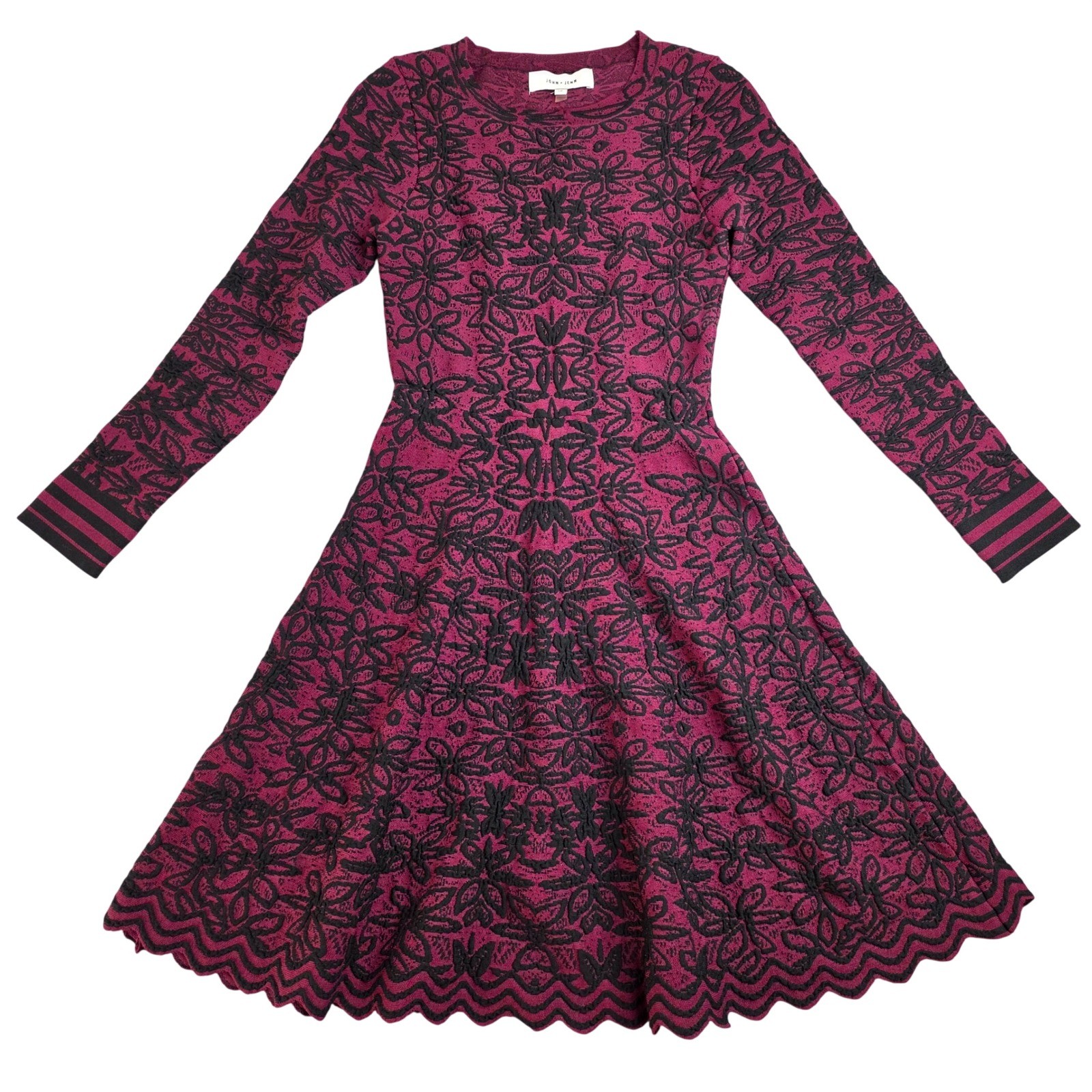 John + Jenn Fit and Flare Dress Womens Small Burgundy Excellent Jacquard Knit