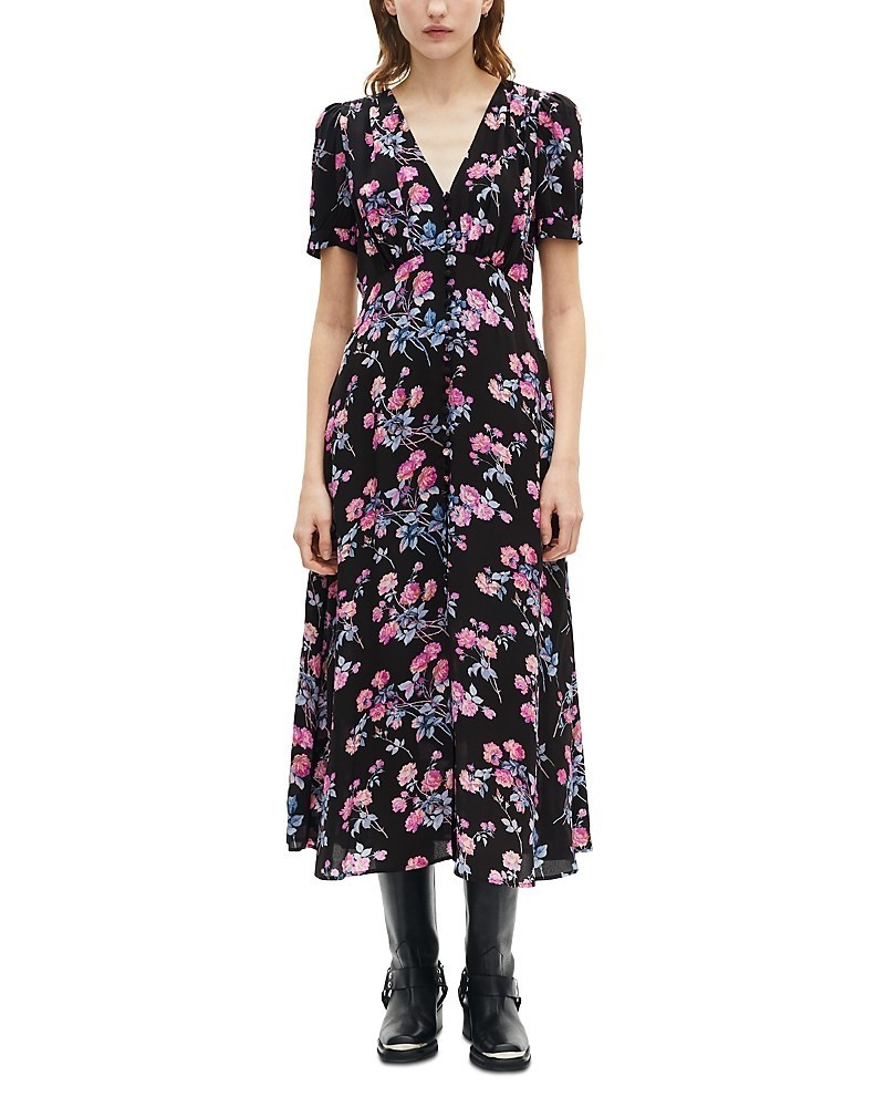 The Kooples Midi V-Neck Short Sleeve Dress Women’s EU 0 Black/Pink Floral
