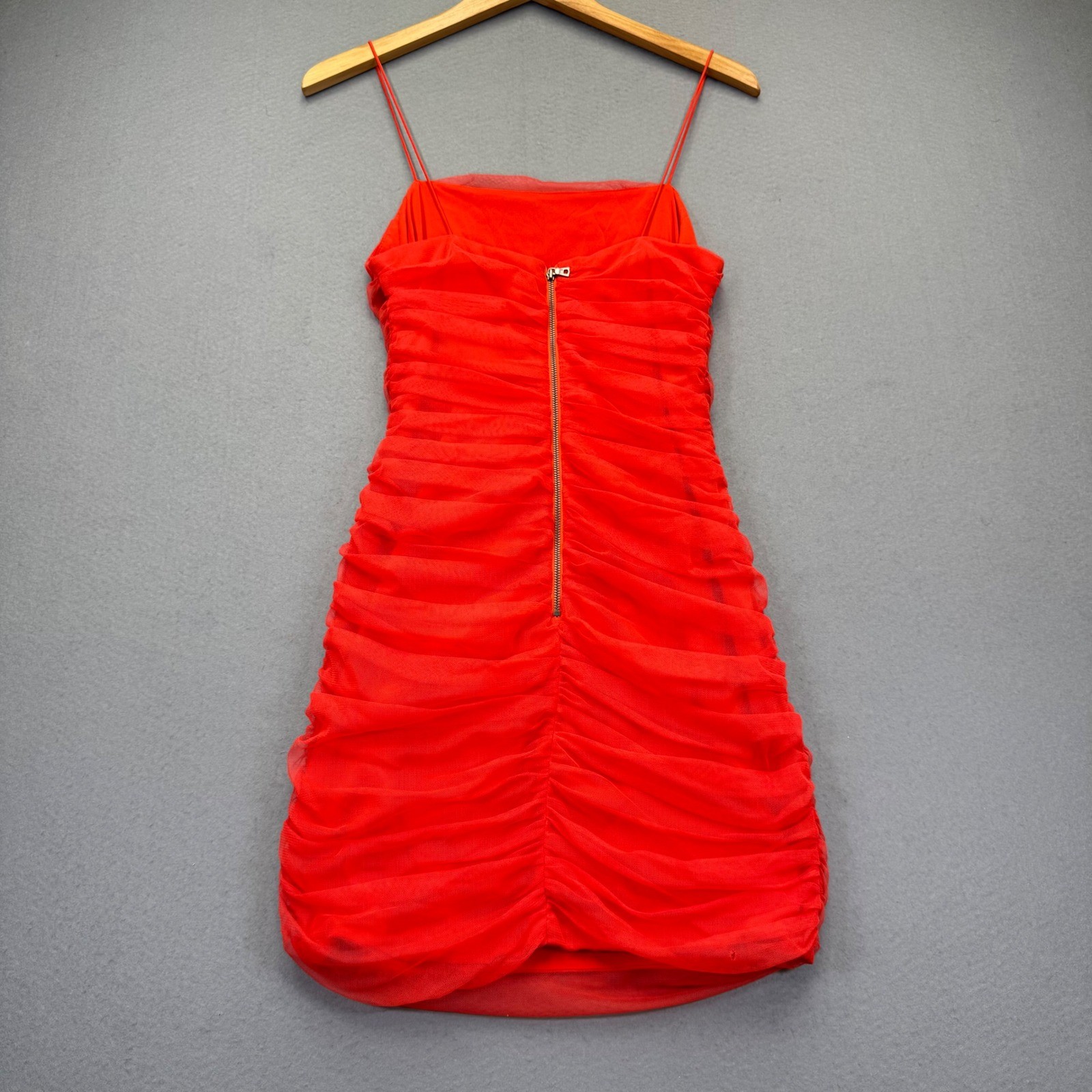 Alice + Olivia Red Ruched Mesh Mini Dress Spaghetti Strap Size 6 Bodycon Zipper