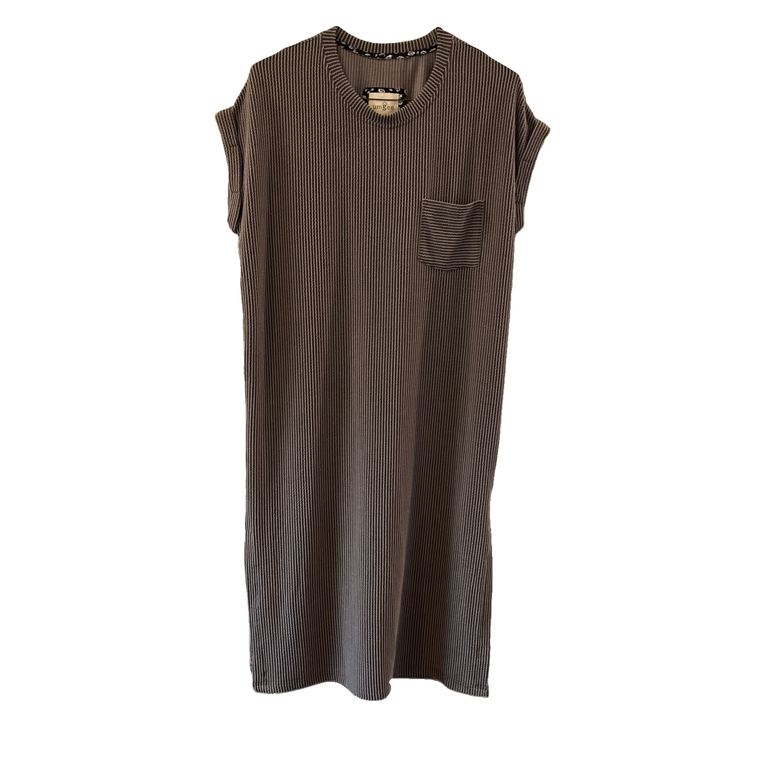 Umgee Ribbed Knit Shift Midi Dress Women’s Gray Taupe Pocket Short Sleeve Size S