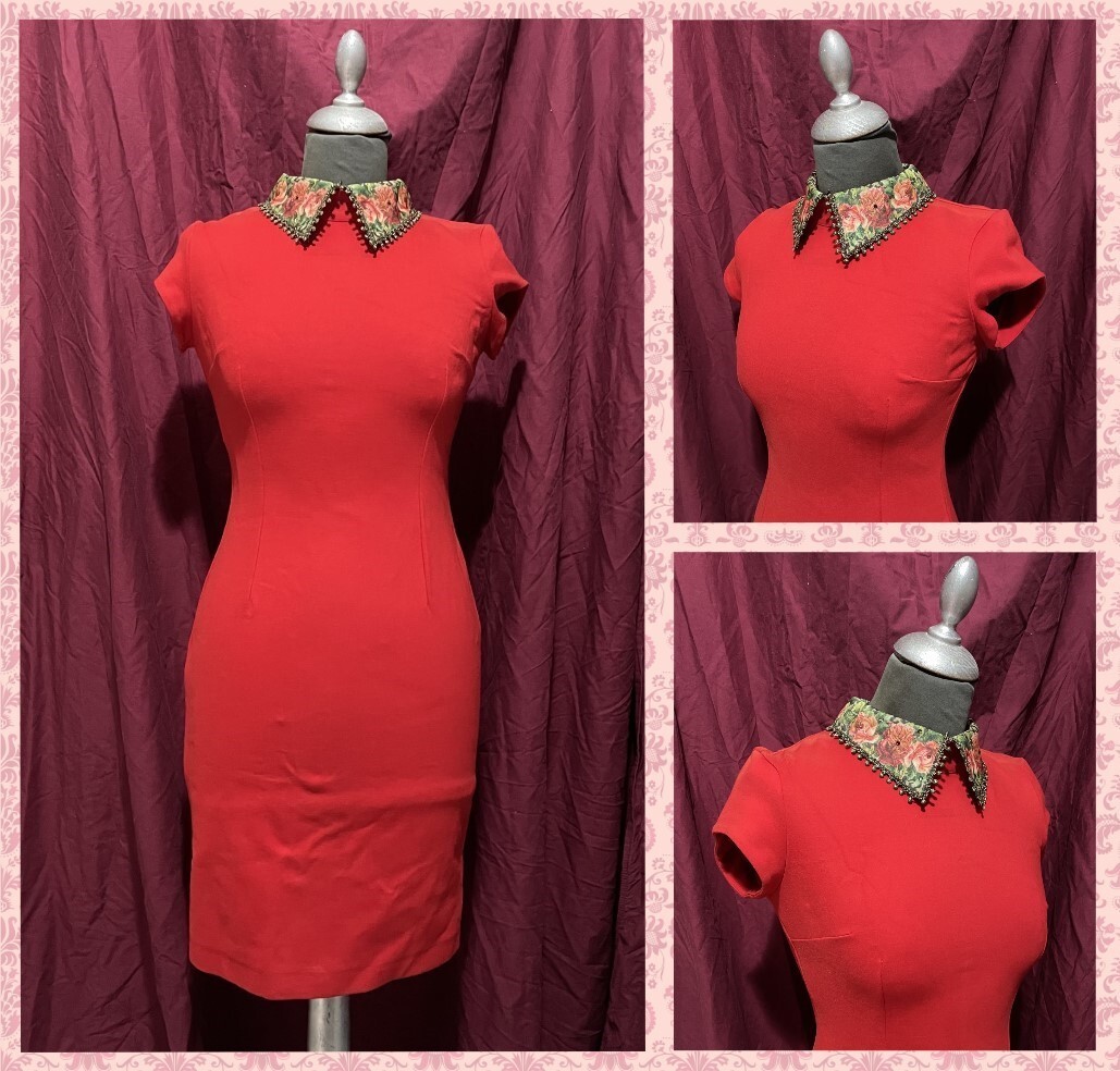 Dress Michal Negrin Red Collar with flowers very rare collector’s item 38 Israel