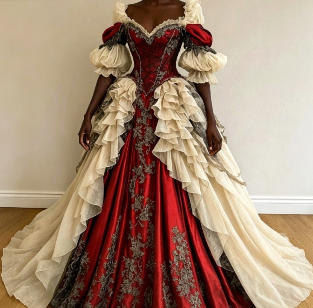 Vintage Red Royal Puff Sleeve Renaissance Evening Dresses Lace Embroidered Gowns