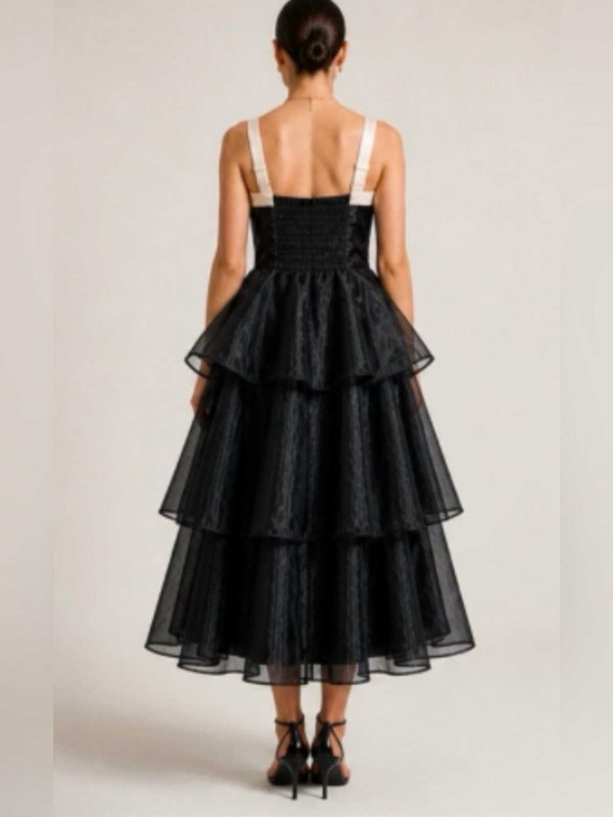 Lulus Black Cream Organza Tiered Midi Dress Satin Bow Formal Prom Gown Sz S NWT