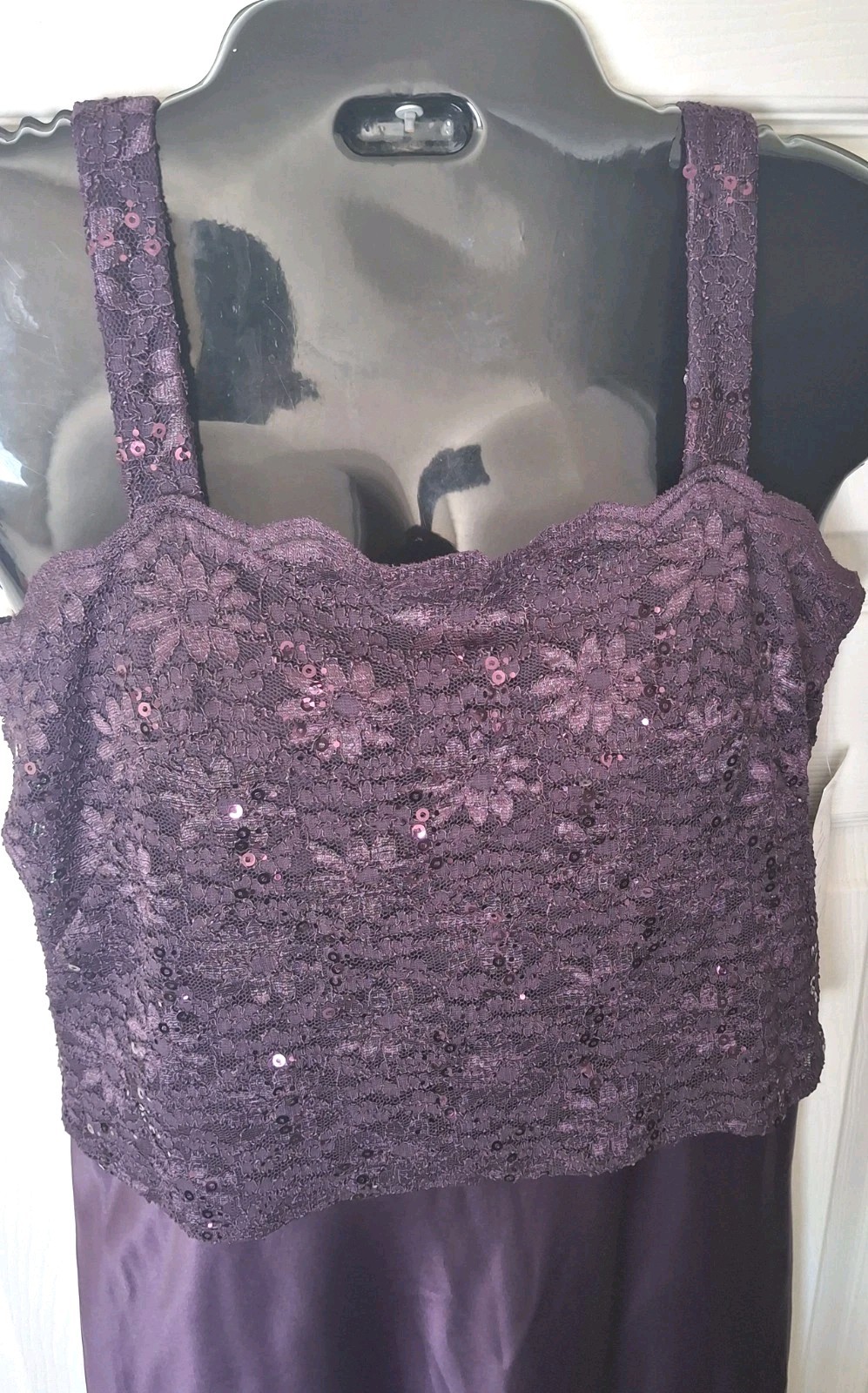 Alex Evenings Gown Eggplant Purple Embroidered Lace Size 6P Mother Of Bride