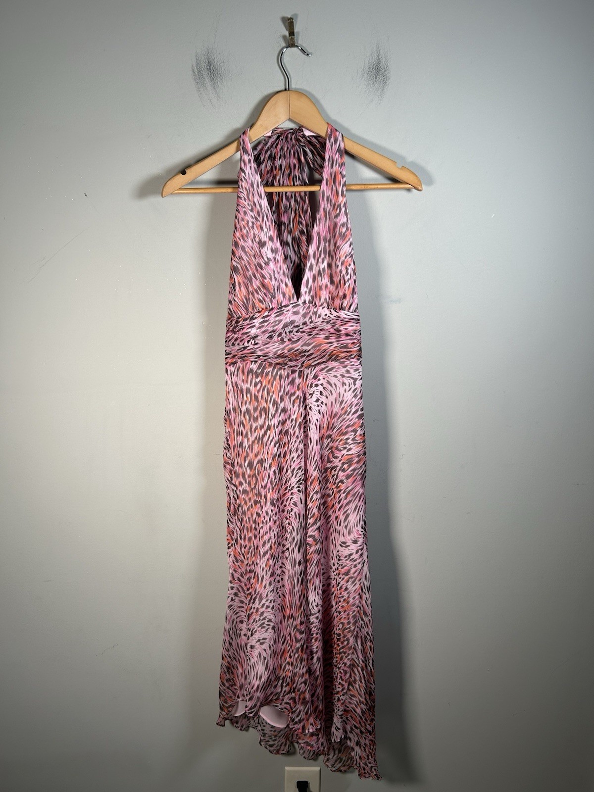 Y2K BCBGeneration Silk Leopard Midi Halter Dress Asymmetrical Hem Women’s Sz 2