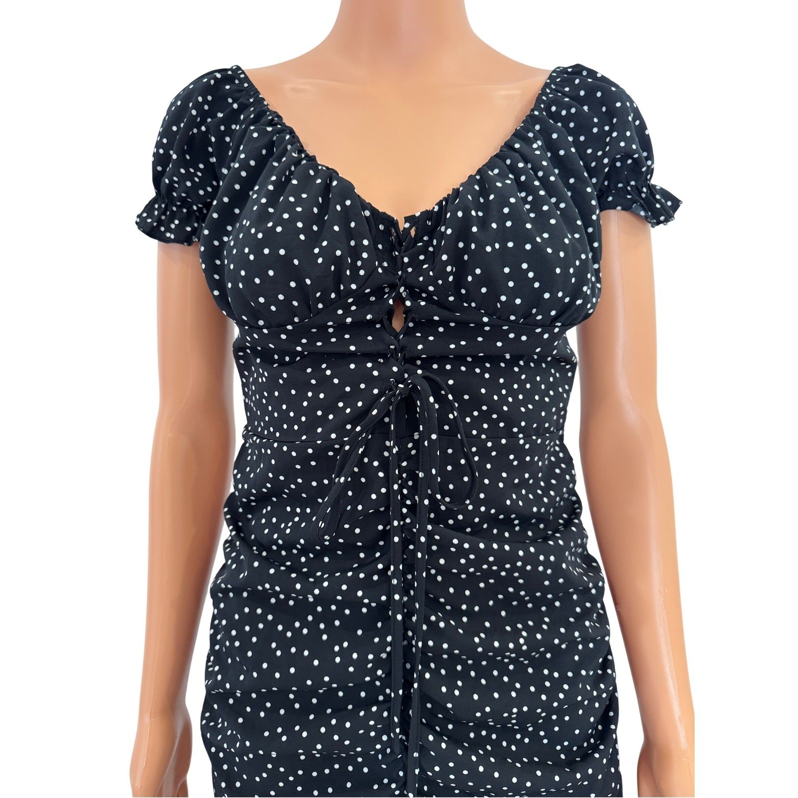 Shein Black Polka Dot Ruched Off Shoulder Mini Dress Ruffle Hem Puff Sleeve