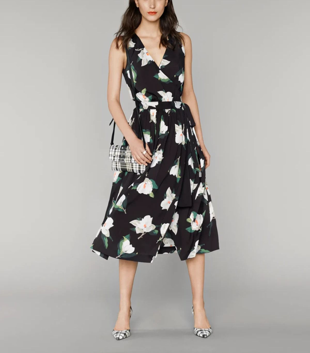 Banana Republic Floral Wrap Dress Womens 10 Black Magnolia Midi Casual Chic Boho