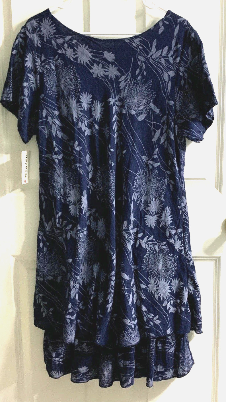 NEW Dress LARGE Pullover Layered Hem Textured Fabric Blue Floral ITALY MODA