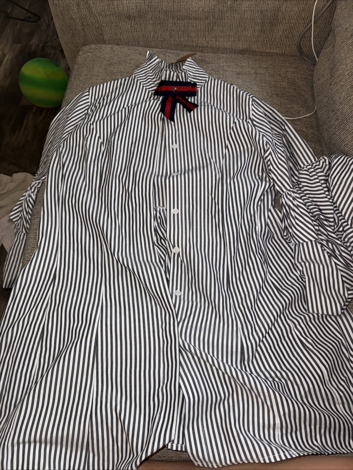 Womens Viola Dress Grey White Striped Size Medium Shirt Dress Ruffle Sleeves