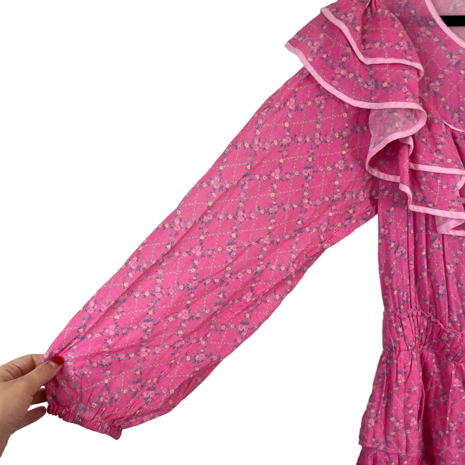 LoveShackFancy Luca Floral Print Ruffle Mini Dress Fuchsia Berry Size L