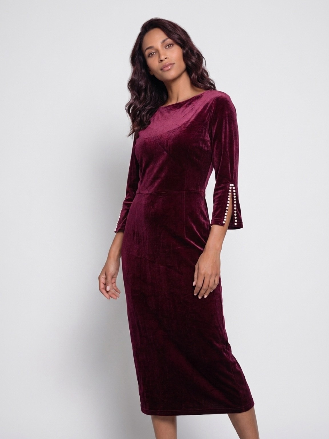 XL Red Velvet Bodycon Midi Dress with Pearls 003