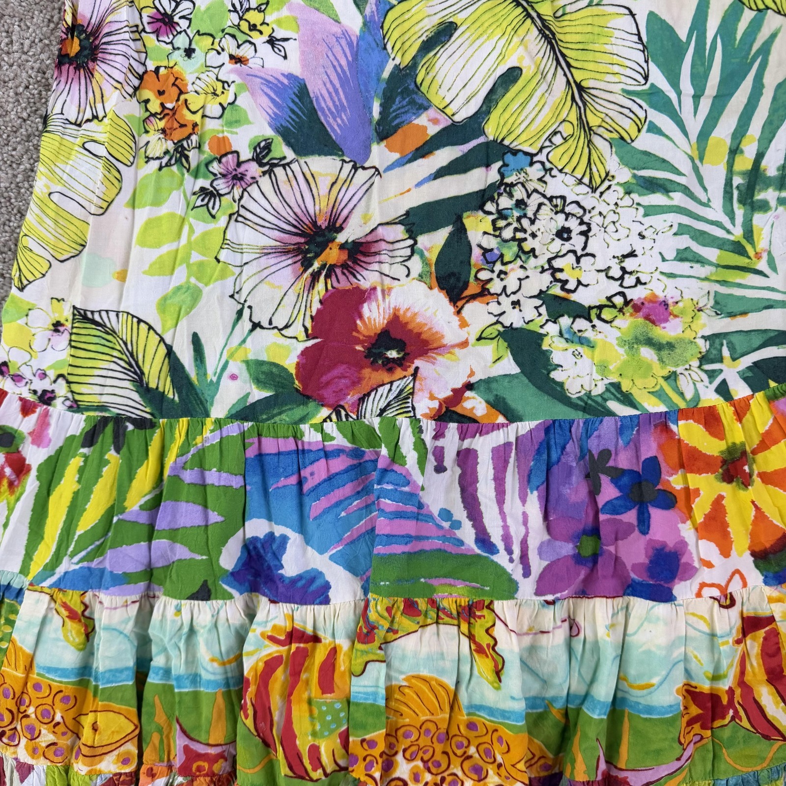Jams World Dress Womens M Multicolor Floral Short Sleeve Scoop Neck Ruffle Hem