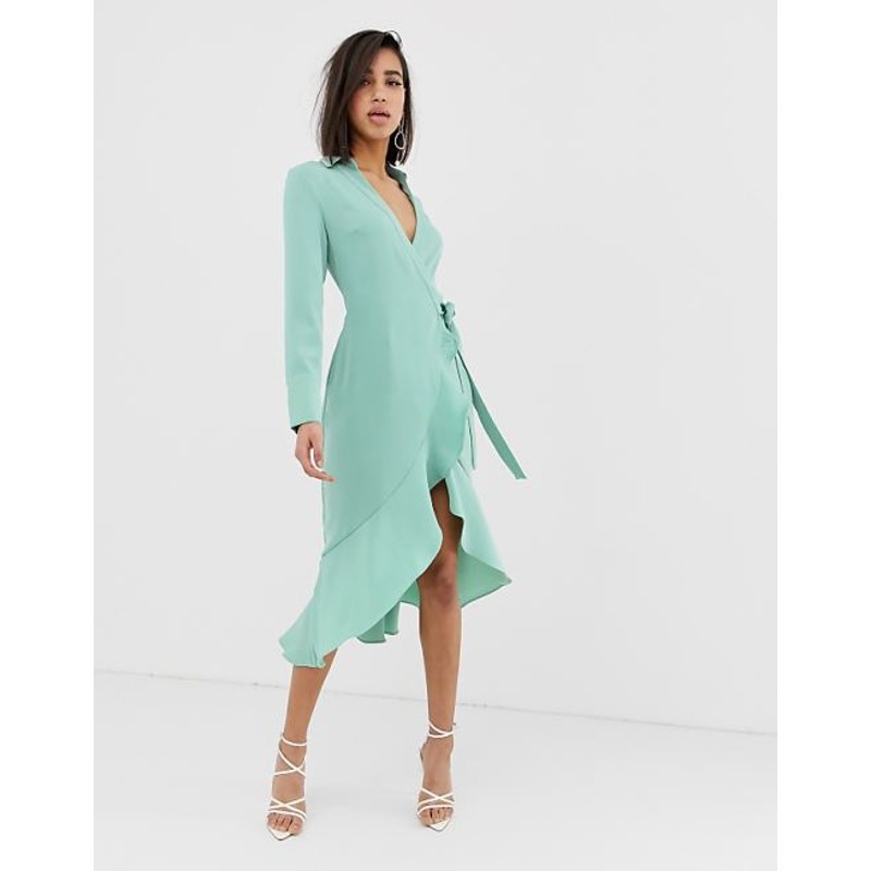 Lavish Alice Frill Hem Wrap Front Slit Dress Size UK 10 Sage Green V-Neck Midi
