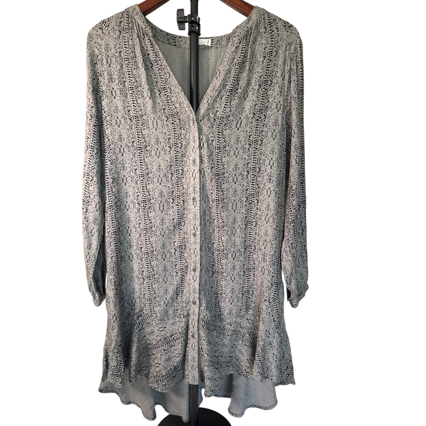 Boho Tunic Hi-Low Ruffle Hem Mini Dress Black & Grey Geometric Small