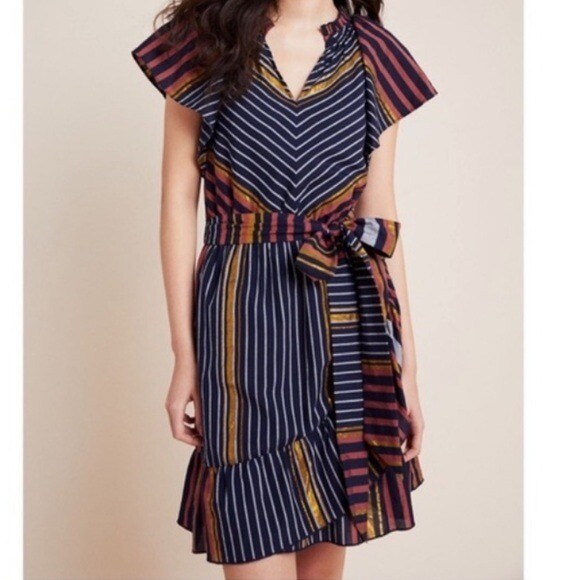 Anthropologie Ranna Gill Sybil striped metallic belted dress xs