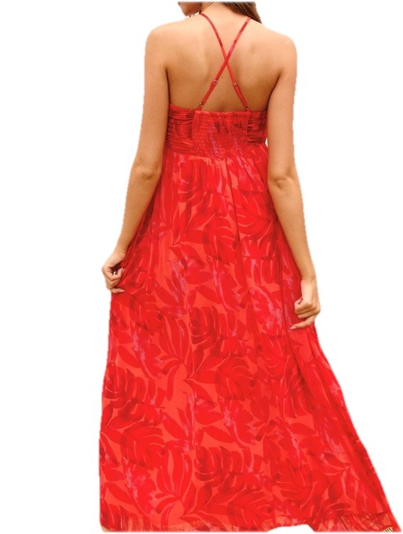 Dress Forum Red Tropical Print Straps Adjustable Maxi Dress Size M