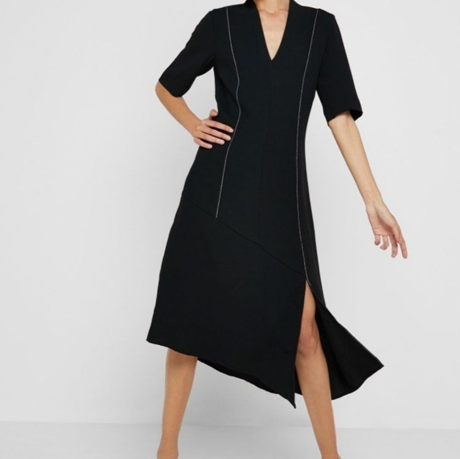 Mango Suit Dress Black Crepe Asymmetrical Hem White Topstitching Size 6