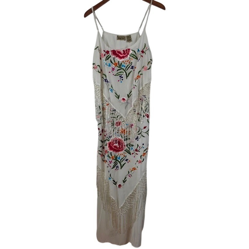 Midnight Velvet Maxi Dress Womens XL White Floral Embroidered Fringe Boho Gypsy