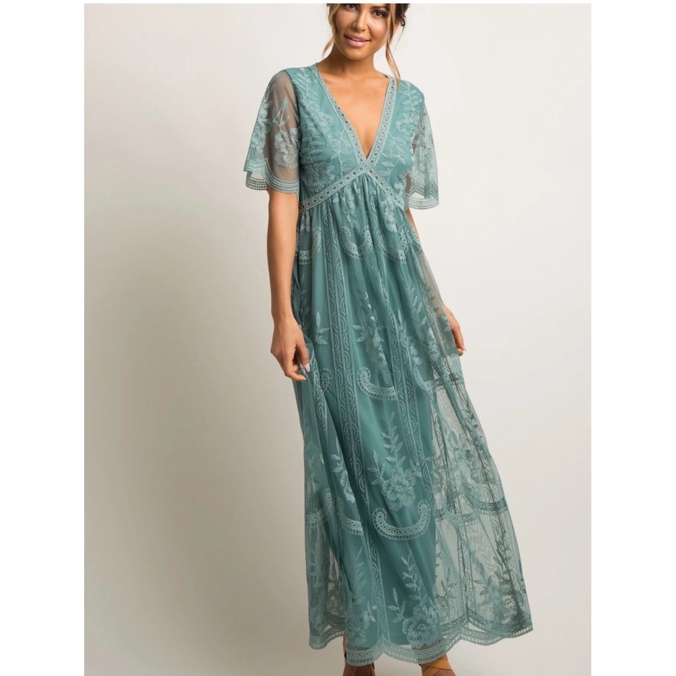 PinkBlush Sage Green Embroidered Lace Maternity Maxi Dress S Romantic Fairycore