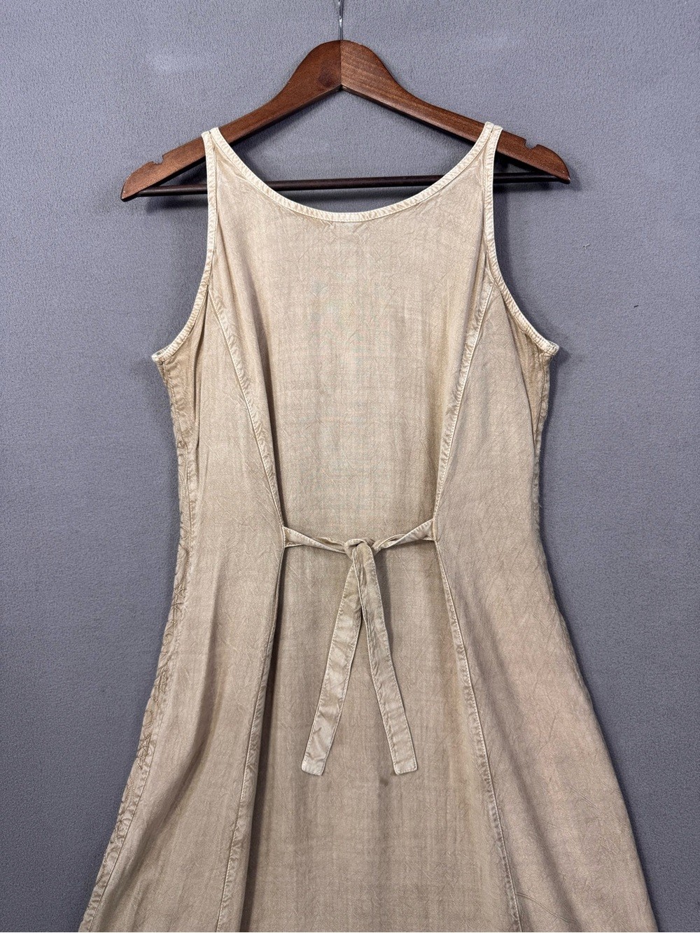 Vintage 90’s Embroidered Button-Front Tie-Back Midi Dress, Sand, Red and Green