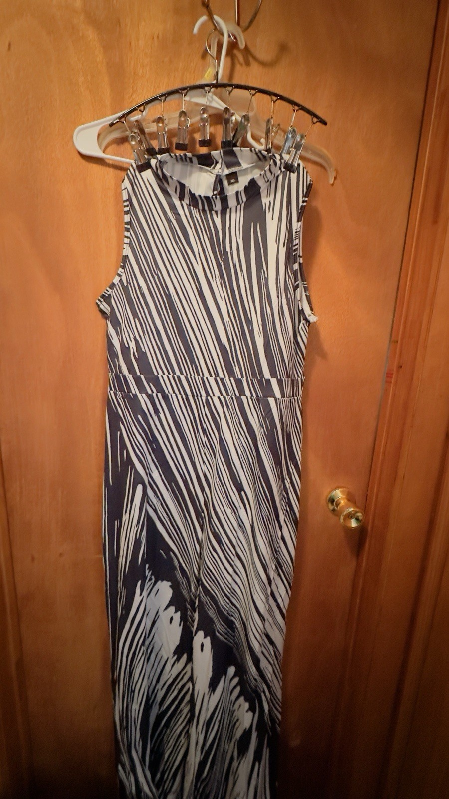 Womens Black/White Striped One-Piece Jumper Pants Mock Neck Sleeveless XL