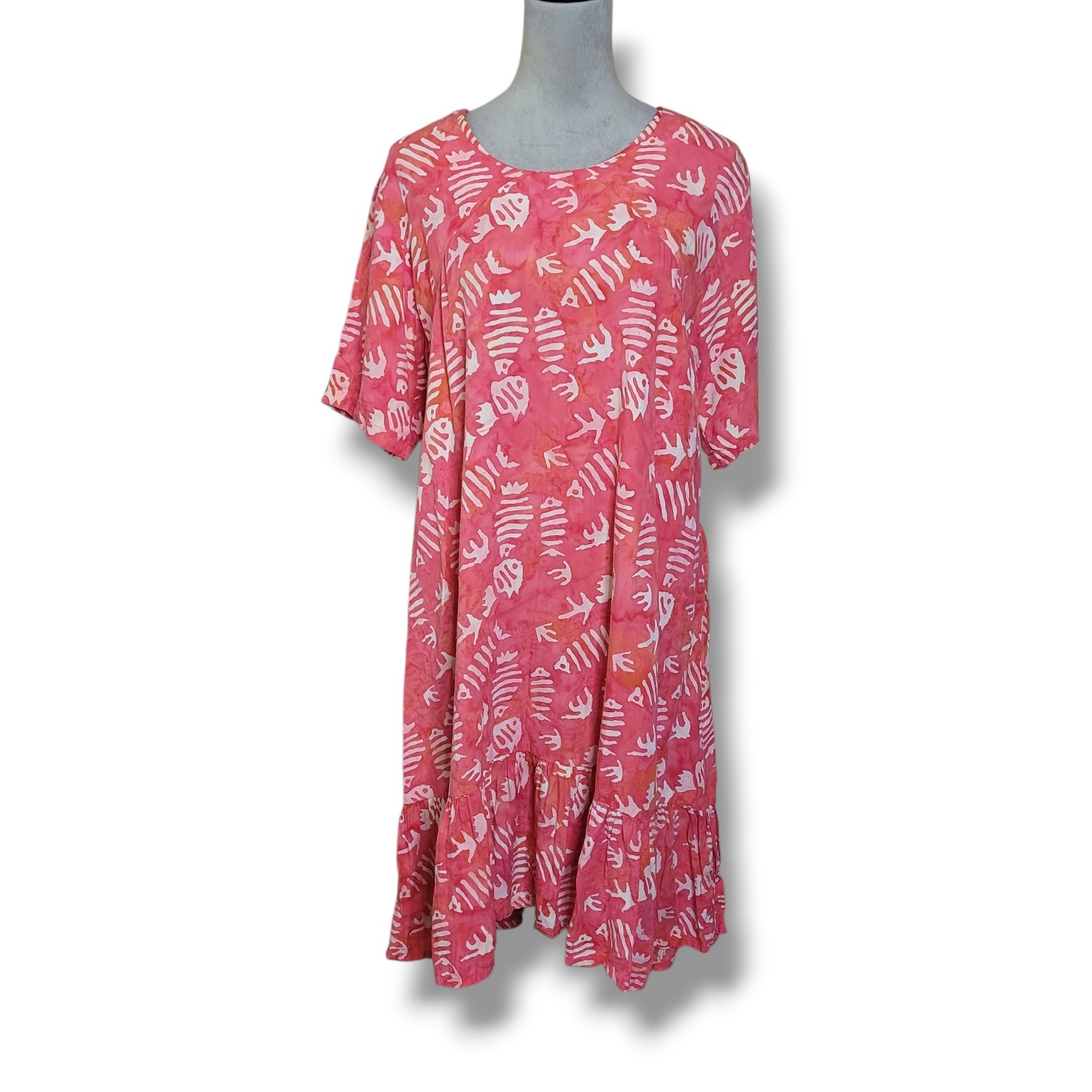 Go Fish Batik Rayon Fishbone Print Short Sleeve Summer Beachy Dress Size Large