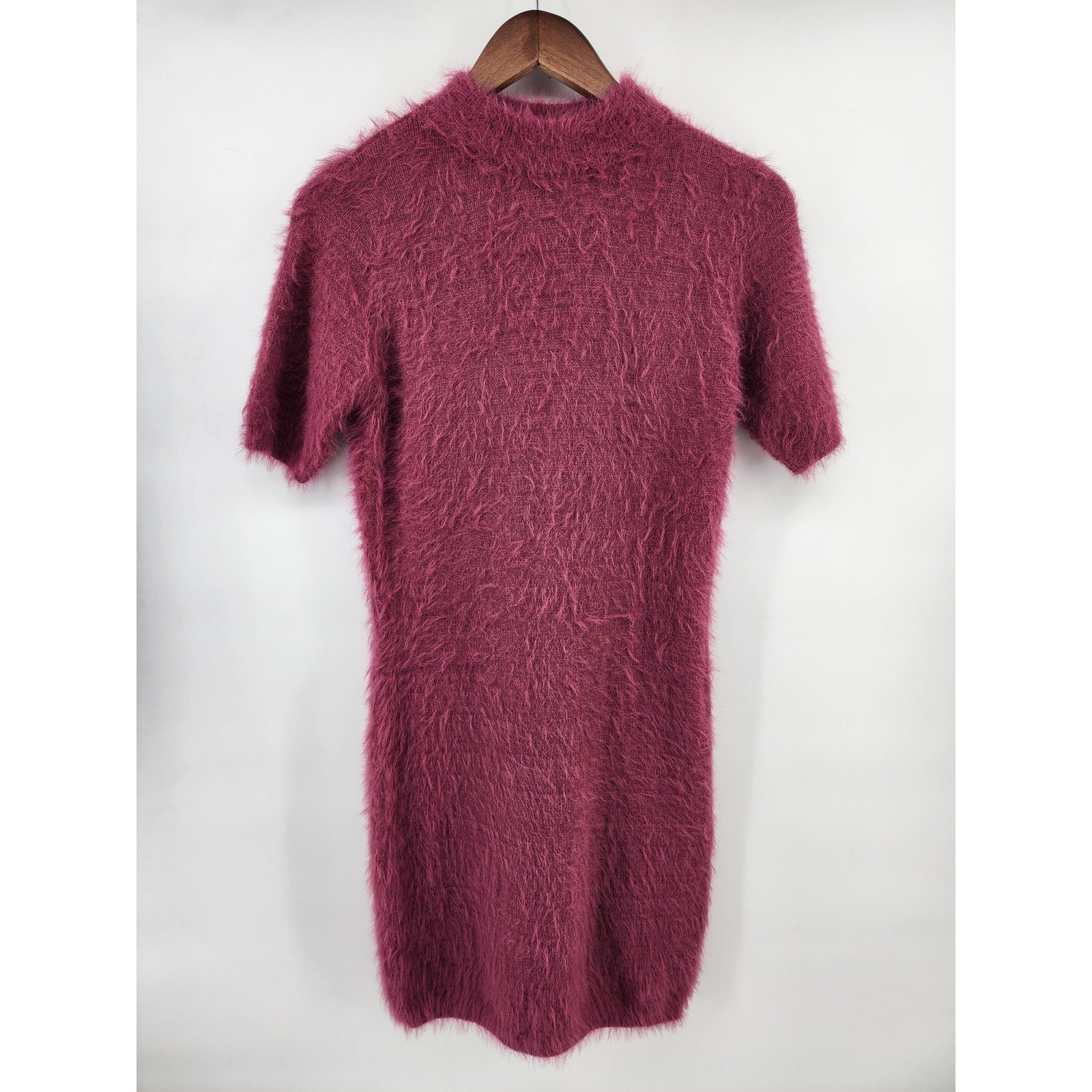 Rihoas Womens Fuzzy Eyelash Knit Mock Neck Short Sleeve Mini Dress Mauve Large