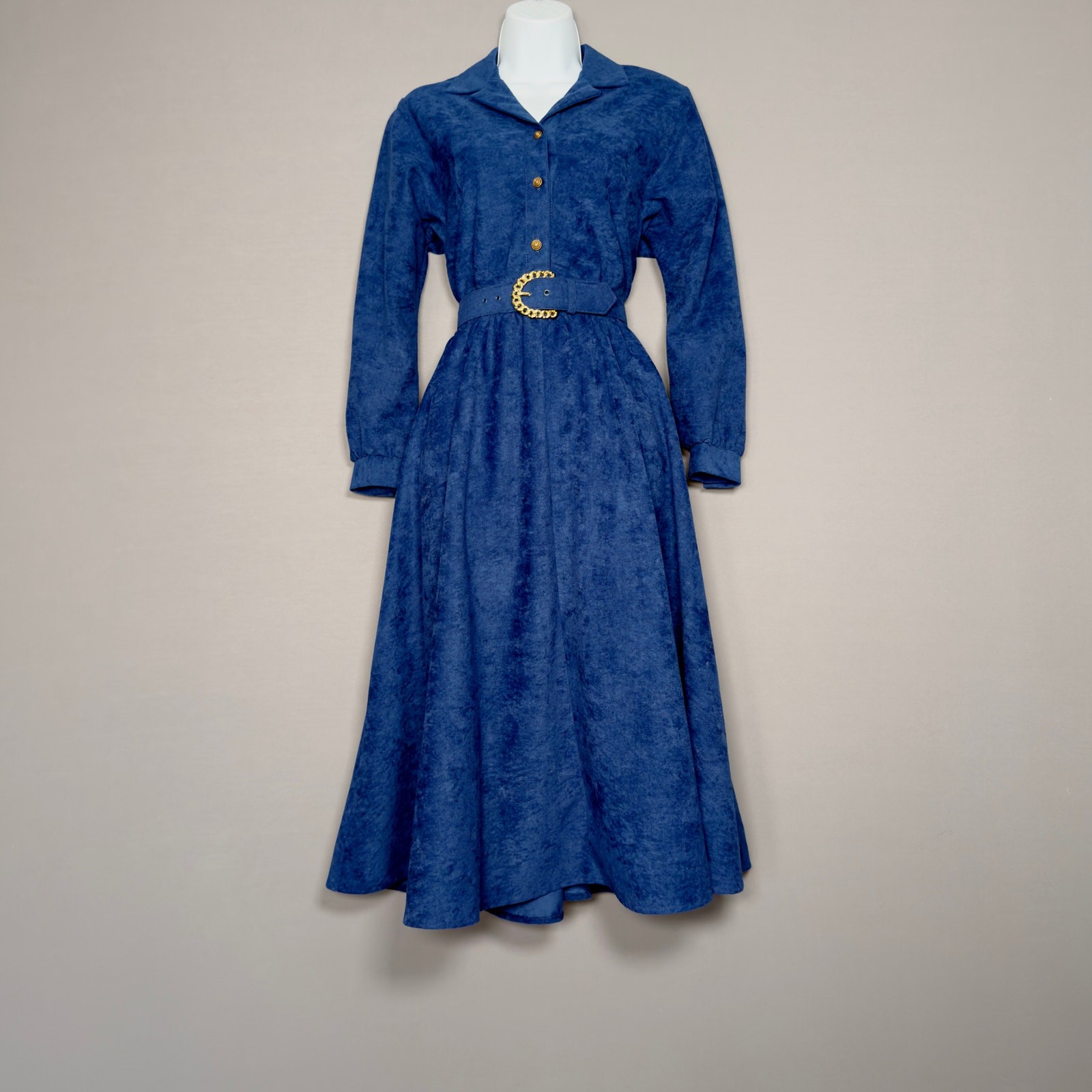 EJM Petites Vintage 80s Blue Velour Long Sleeve Belted Midi Dress Size 8